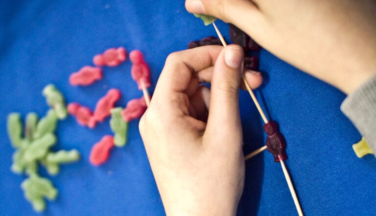 Image of someone placing jelly babies onto cocktail sticks.