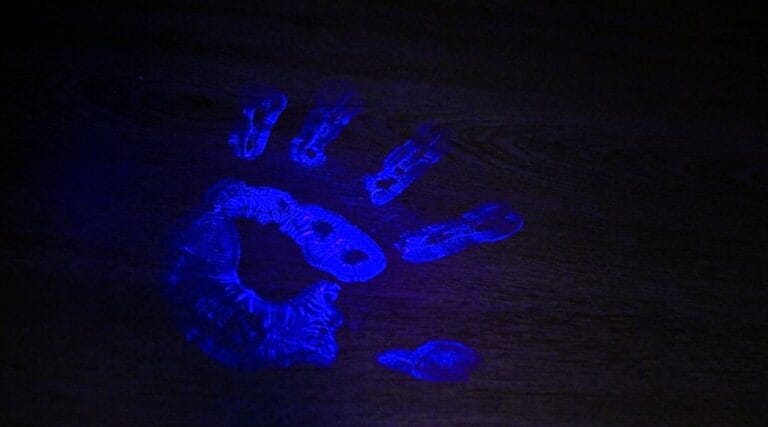 Image of a hand-print in UV light.