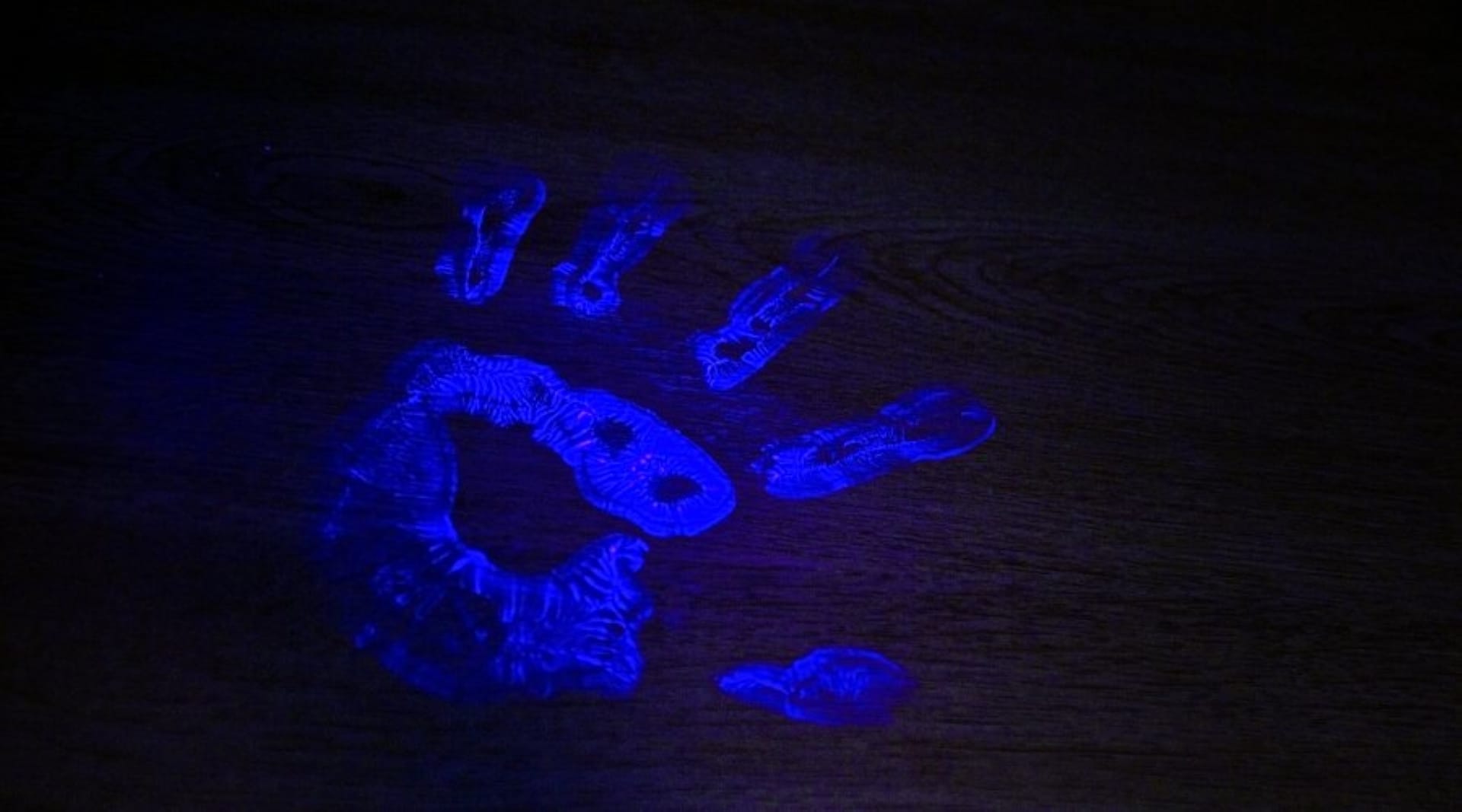 Image of a hand-print in UV light.